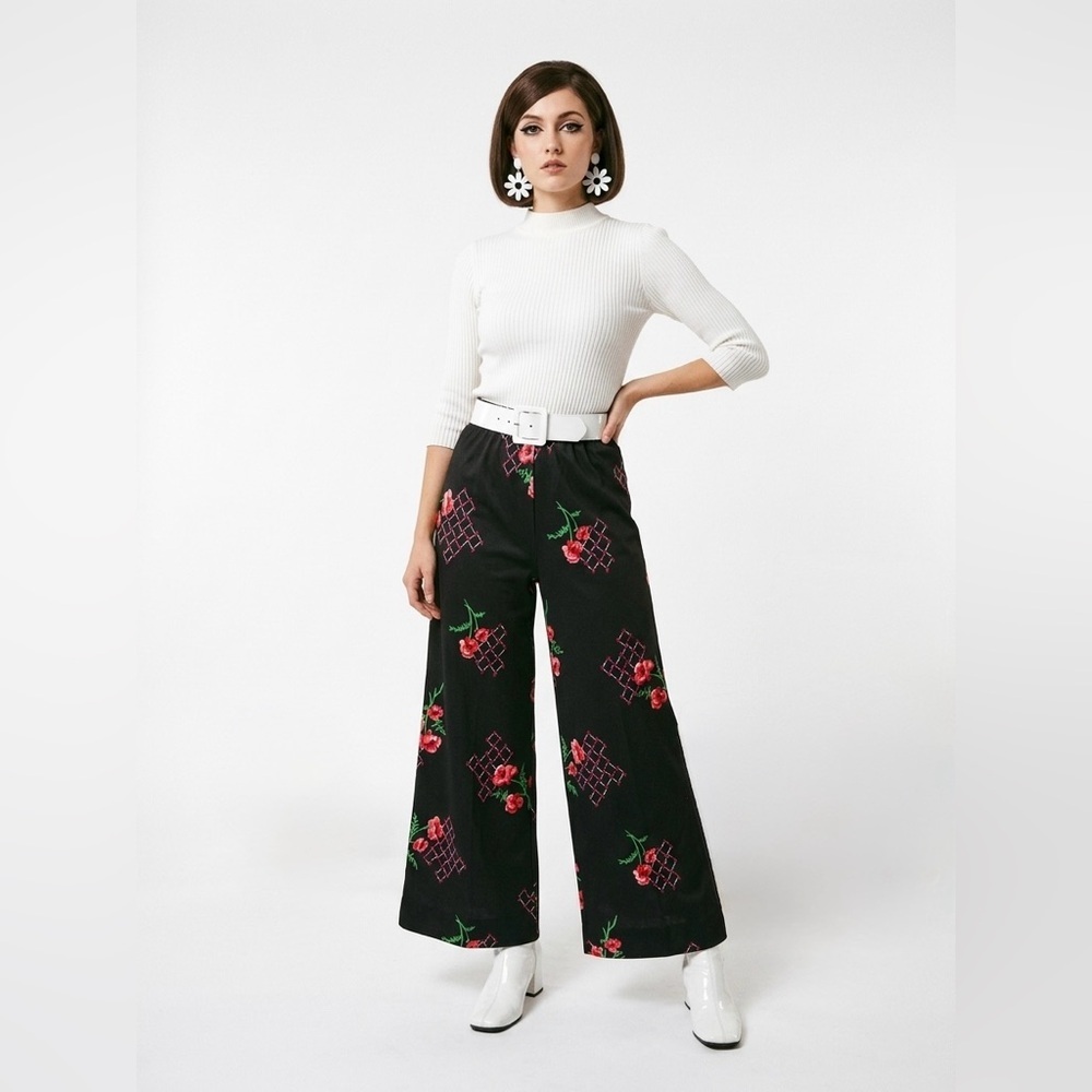 Vintage 70s Psychedelic Floral Palazzo Pants / Retro Mod Wide Leg Disco Trousers - Picture 2 of 9